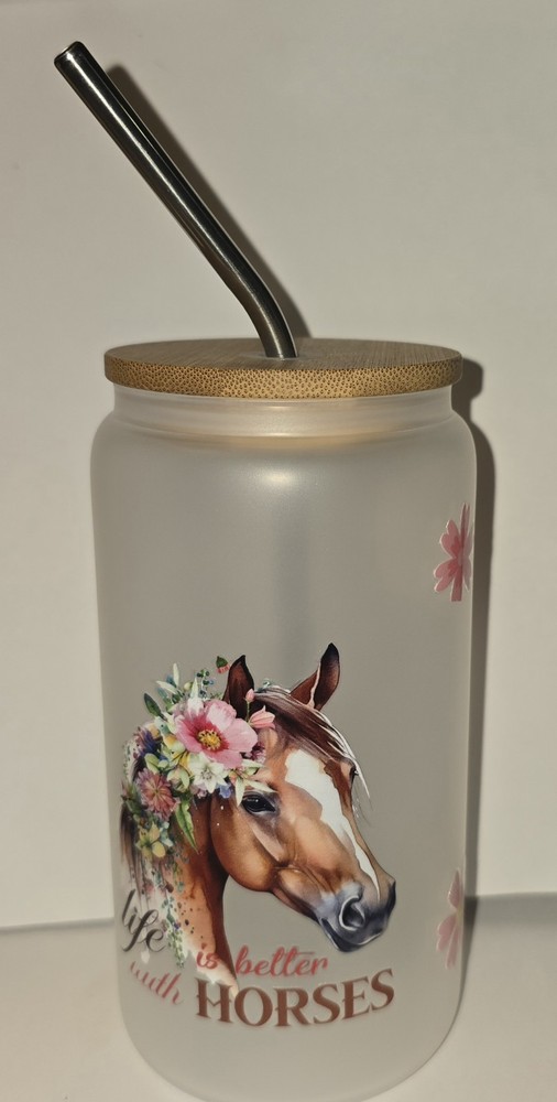 Western Life Is Better with Horses 16oz Coffee Glass Cup Straw and Brush Horse