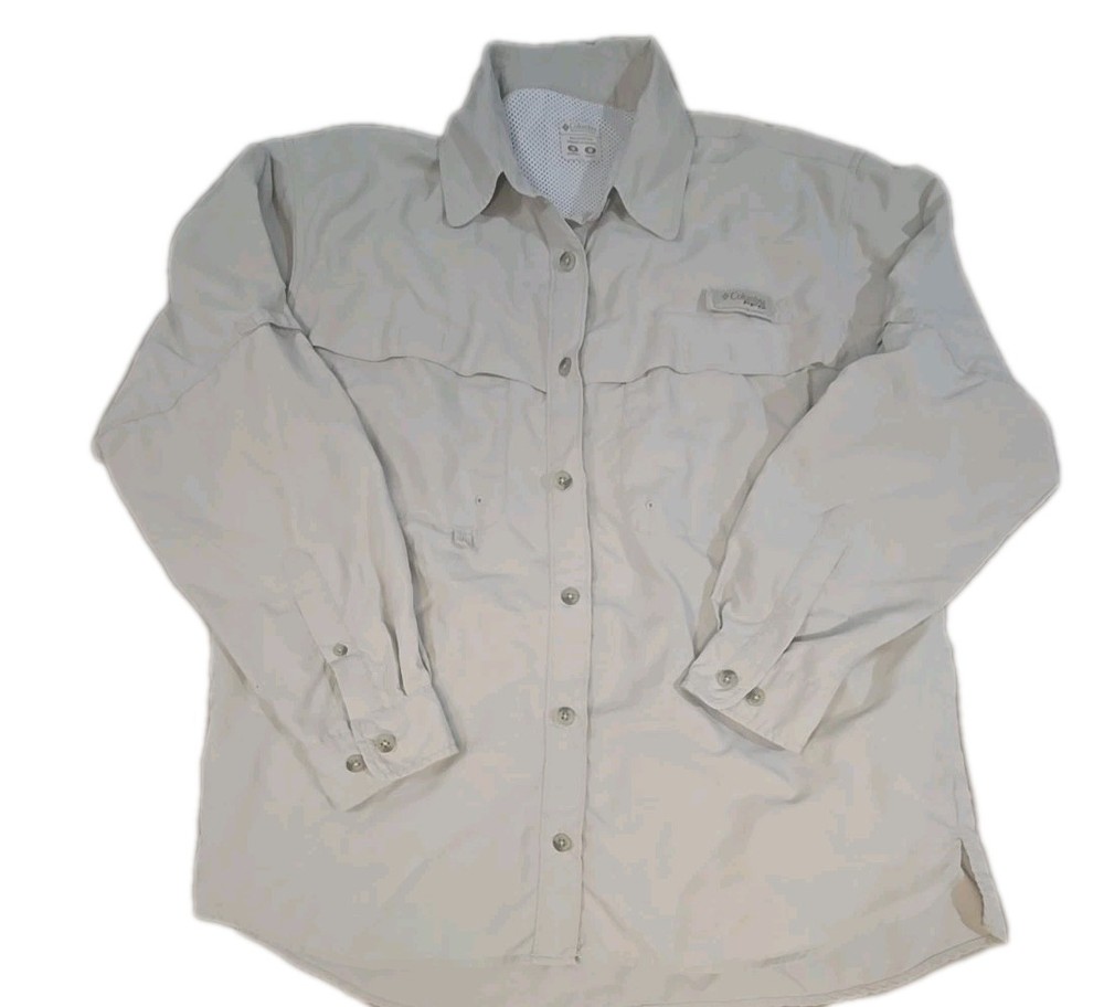 Columbia PFG Shirt Women Med Beige Vented Fishing Long Sleeve Button Down Omni