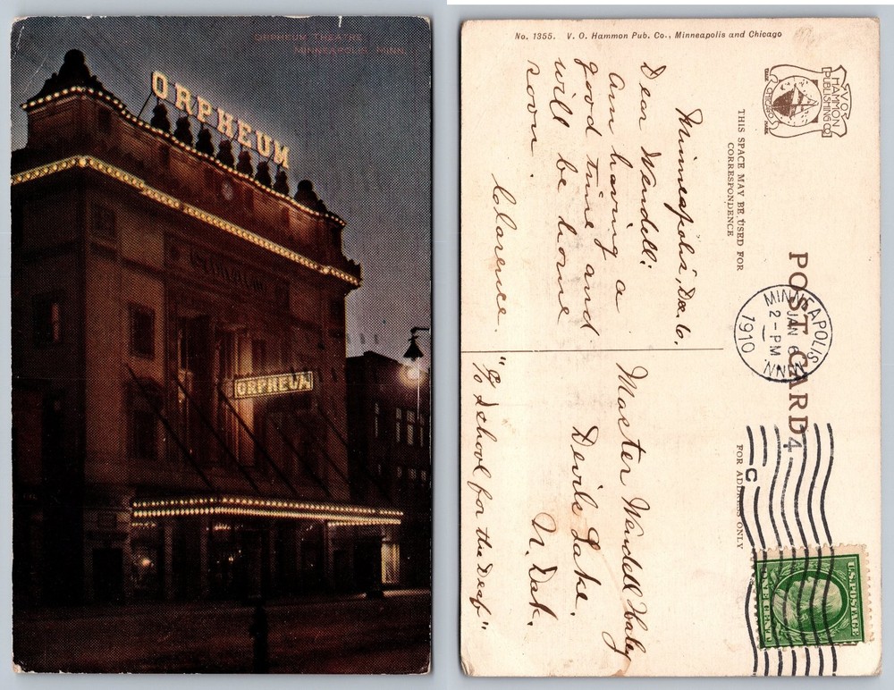 Orpheum Theatre Minneapolis MN Night View 1910 V.O. Hammon Postcard