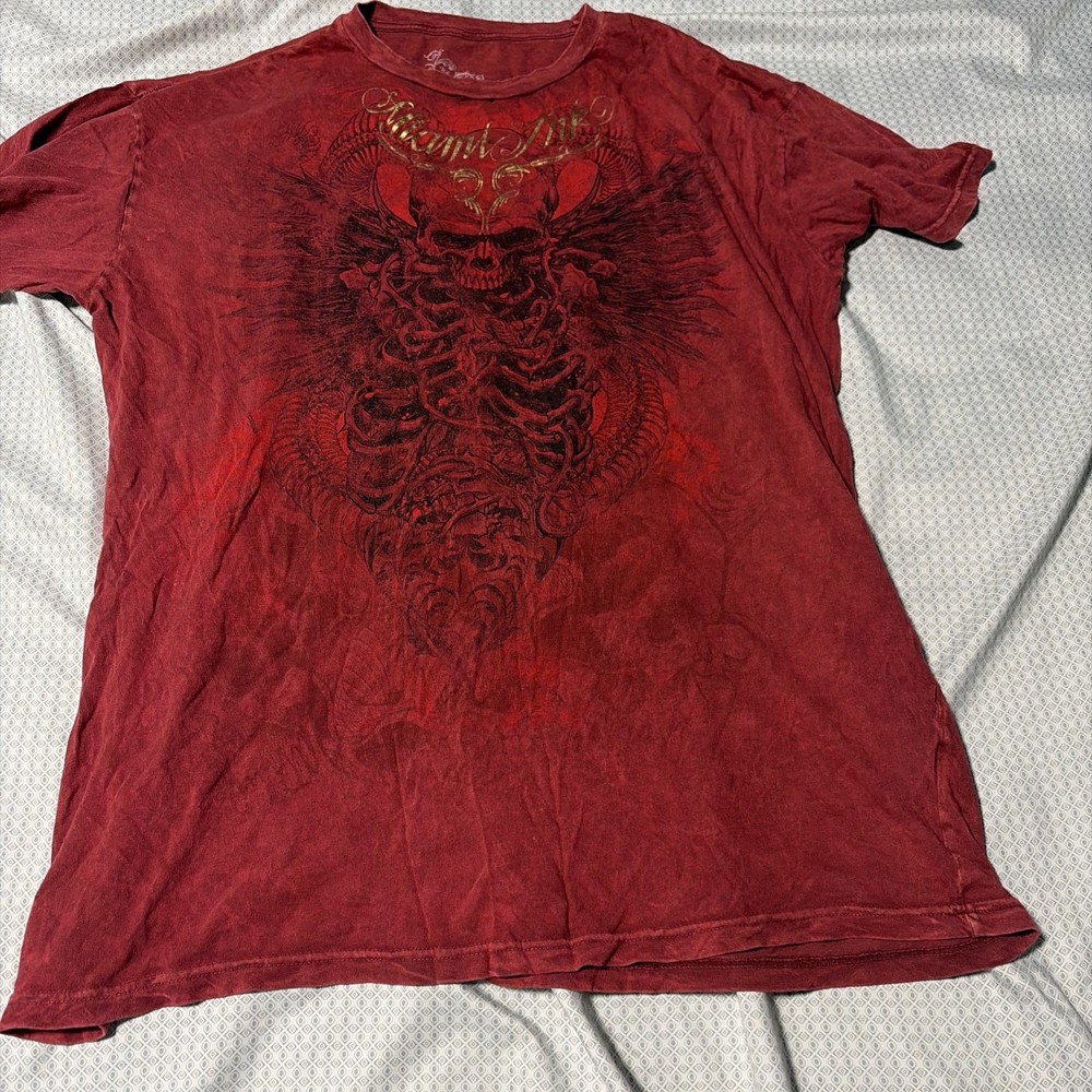 Miami Ink Tattoo Y2K Grunge T Shirt Size XL Red Gold Skull Skater All Over Punk
