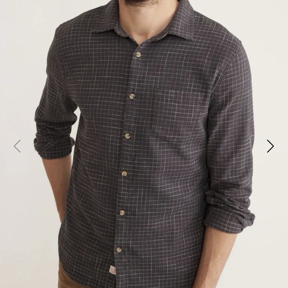 Marine Layer Stretch Selvage Shirt M Black Windowpane Plaid Selvage Button Up