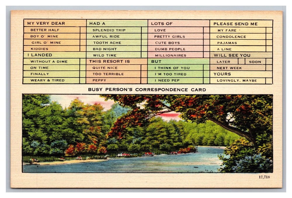 Busy Person's Correspondence Card River Scene Linen Asheville NC Postcard Co