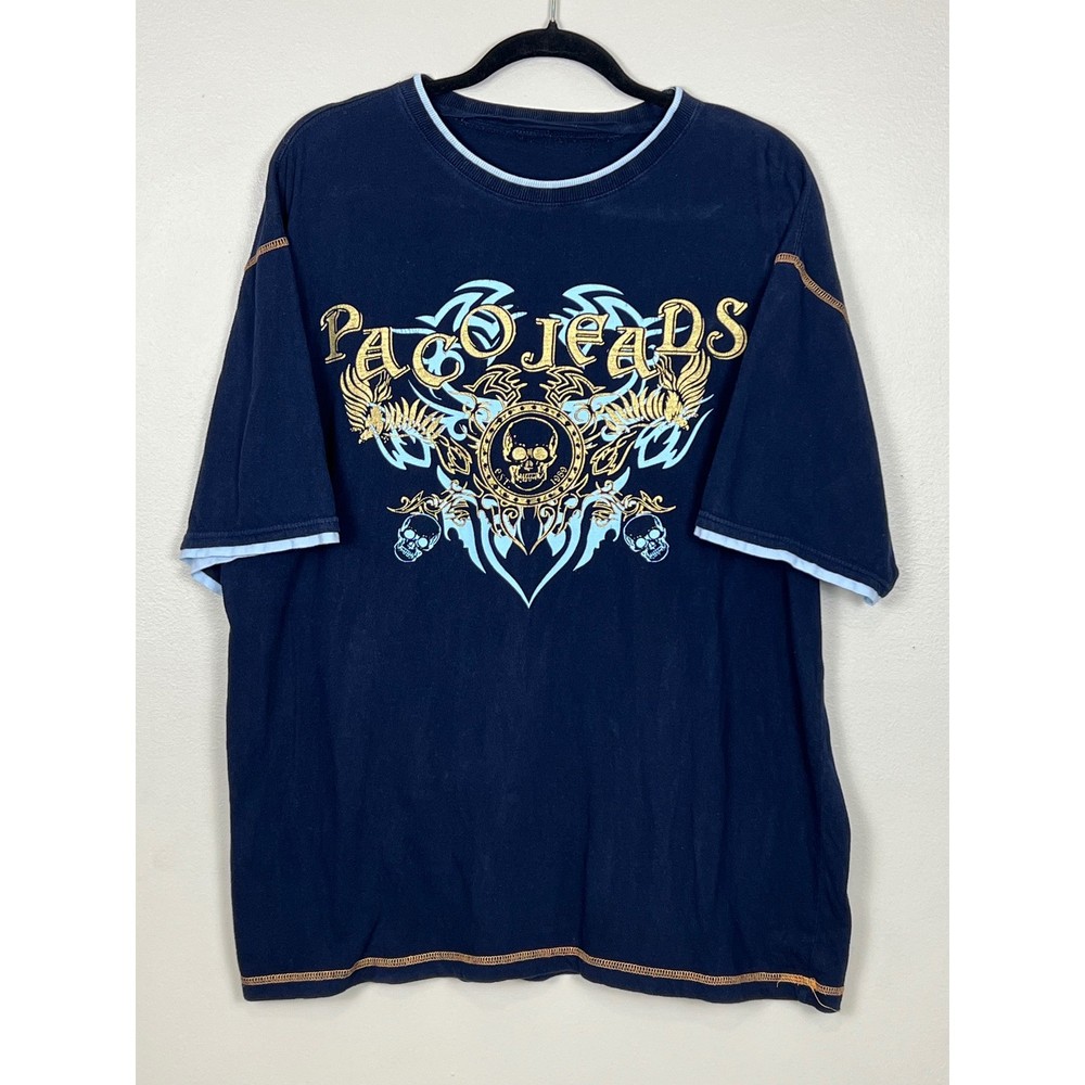 Paco Jeans Mens Y2K Graphic T-Shirt Navy Blue Skull Wing Tribal 90's XL Vintage