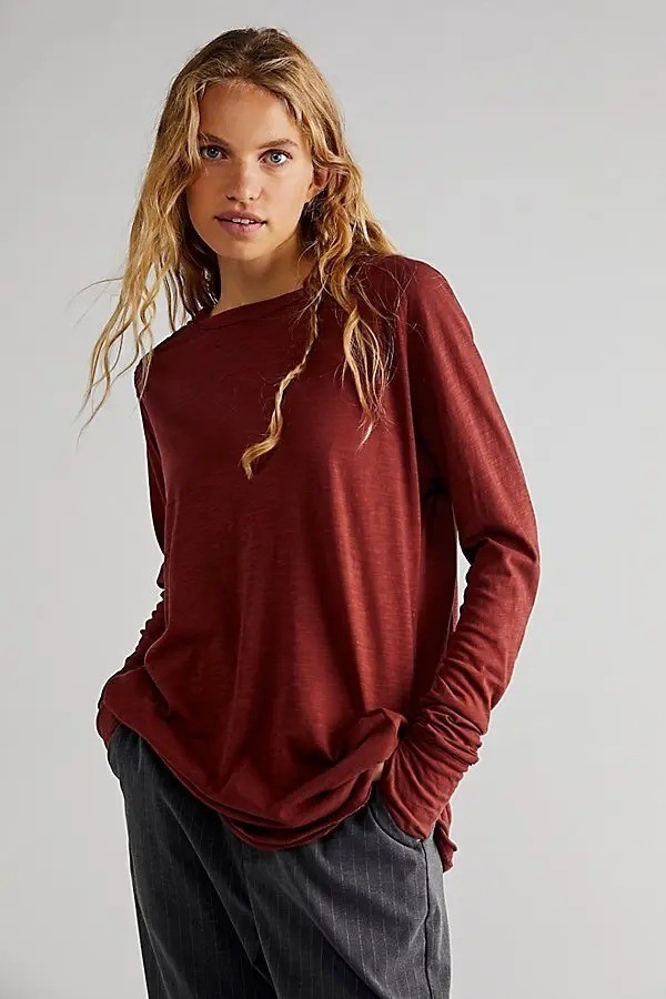 WE THE FREE Arden Tee Sz XS Burgundy Brown Long Sleeve Oversize Slub 100% Cotton