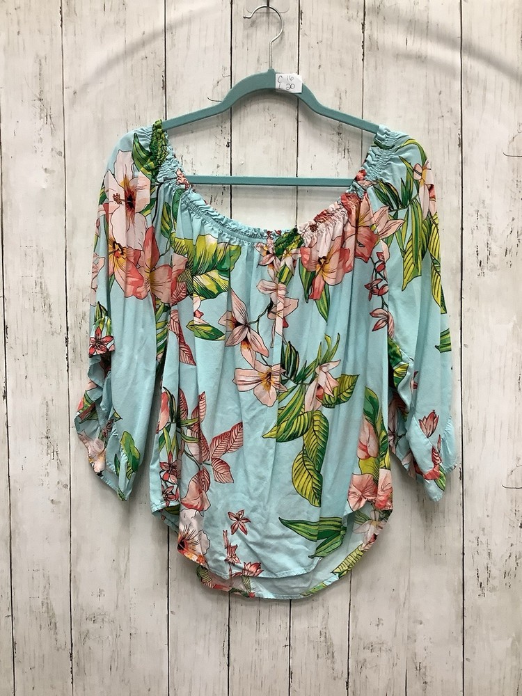New York & Company XL Tropical Floral Off-Shoulder Ruffle Blouse Light Blue Top