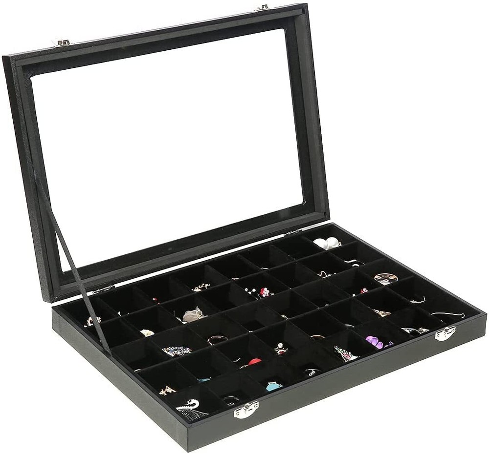 GISK Clear Lid 40 Grid Jewelry Box with Transparent Glass Lid & Velvet Earring Organizer
