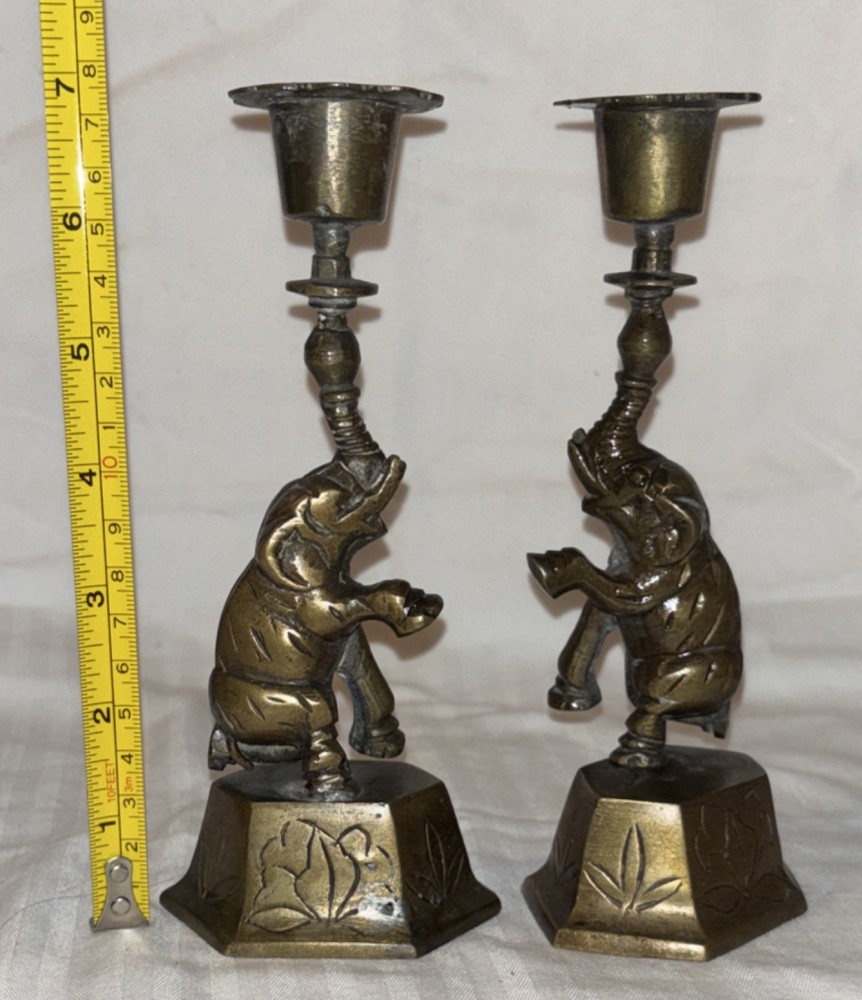 Pair of antique brass Elephant candle holders