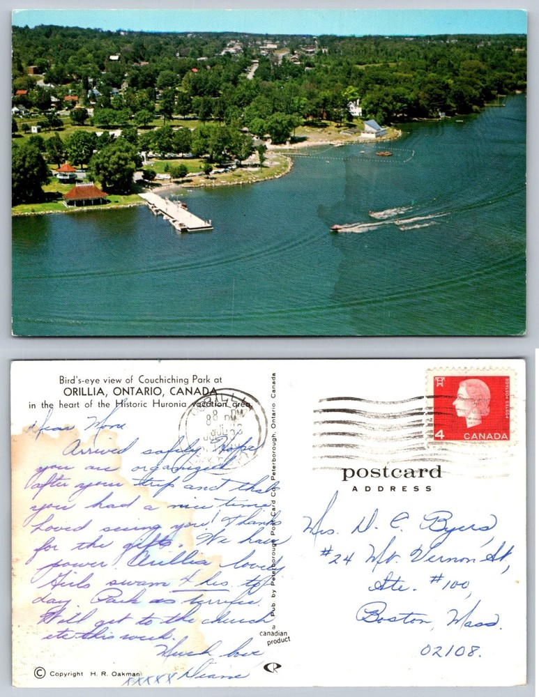 Vintage Orillia, Ontario Postcard - Couchiching Park Aerial View 1970s