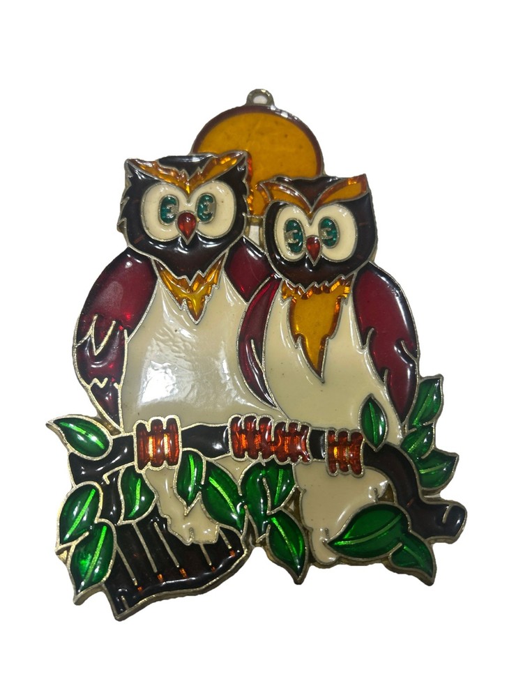 Perched Owl Sun Catcher Stained Glass Window Decor Vintage 5.25