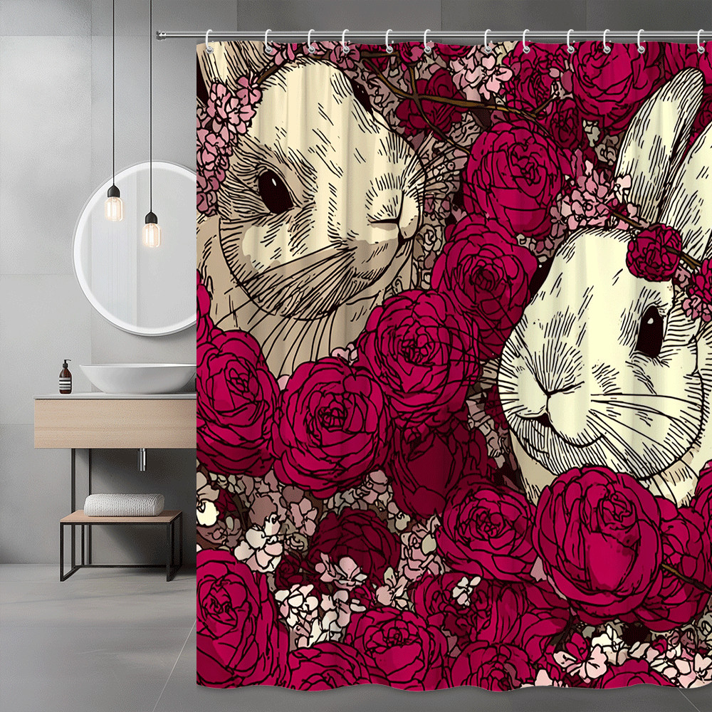 Rabbit and Roses Shower Curtain Floral Bunny Print
