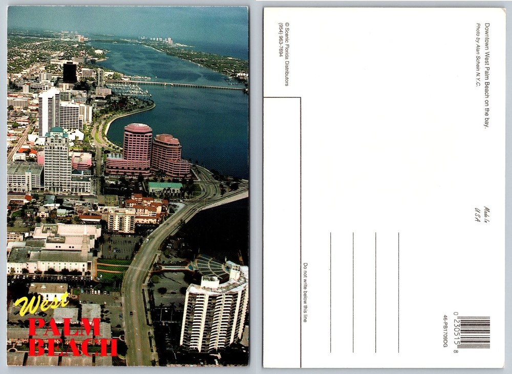West Palm Beach FL Aerial View Postcard Downtown Waterfront Bay Scenic Florida