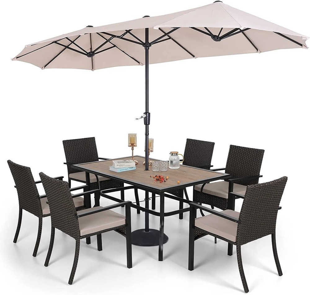 13ft Outdoor Patio Umbrella with Rattan Dining Chair and Rectangular Table Set