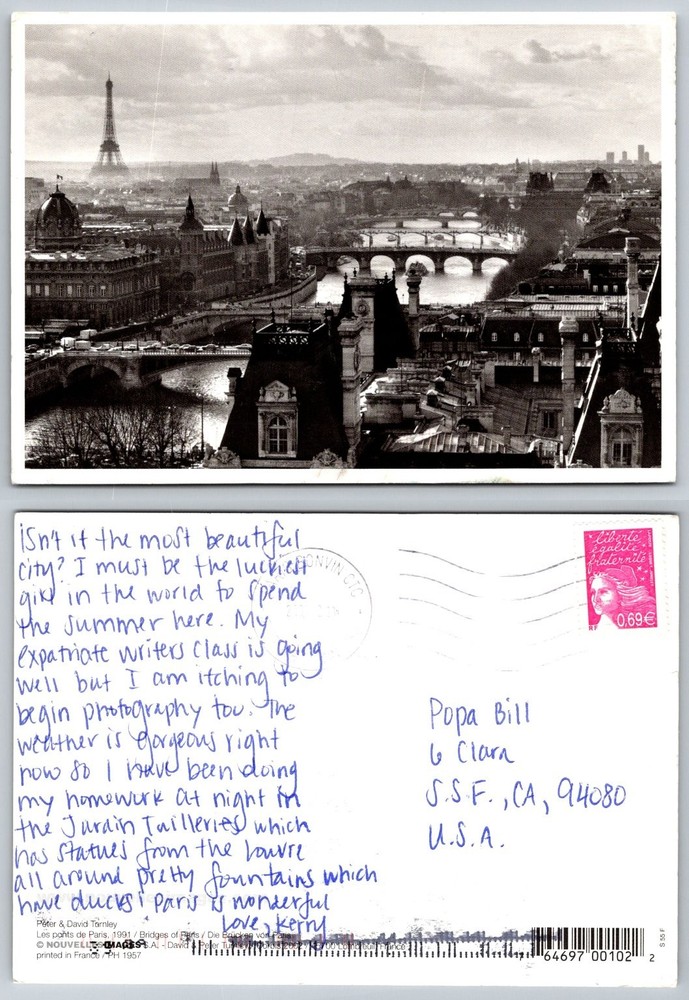 Paris France Eiffel Tower Seine River Bridges Aerial View Postcard 1991