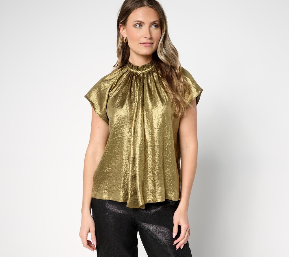 Maya J Women's Top Sz L Carla Rockmore Collection Lam'e Cap Sleeve Green A693860