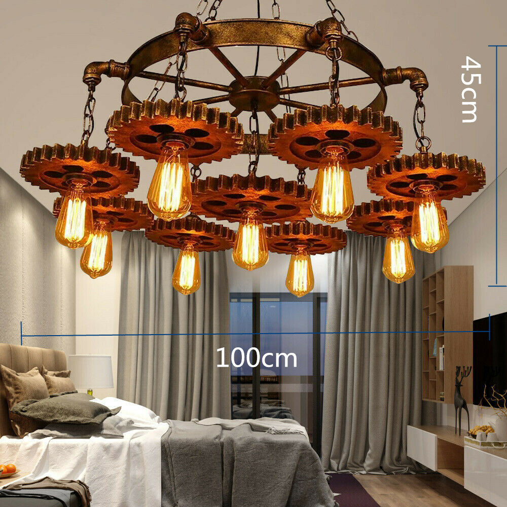 9-Head Steampunk Gear Chain Chandelier Rustic Ceiling Light Fixture