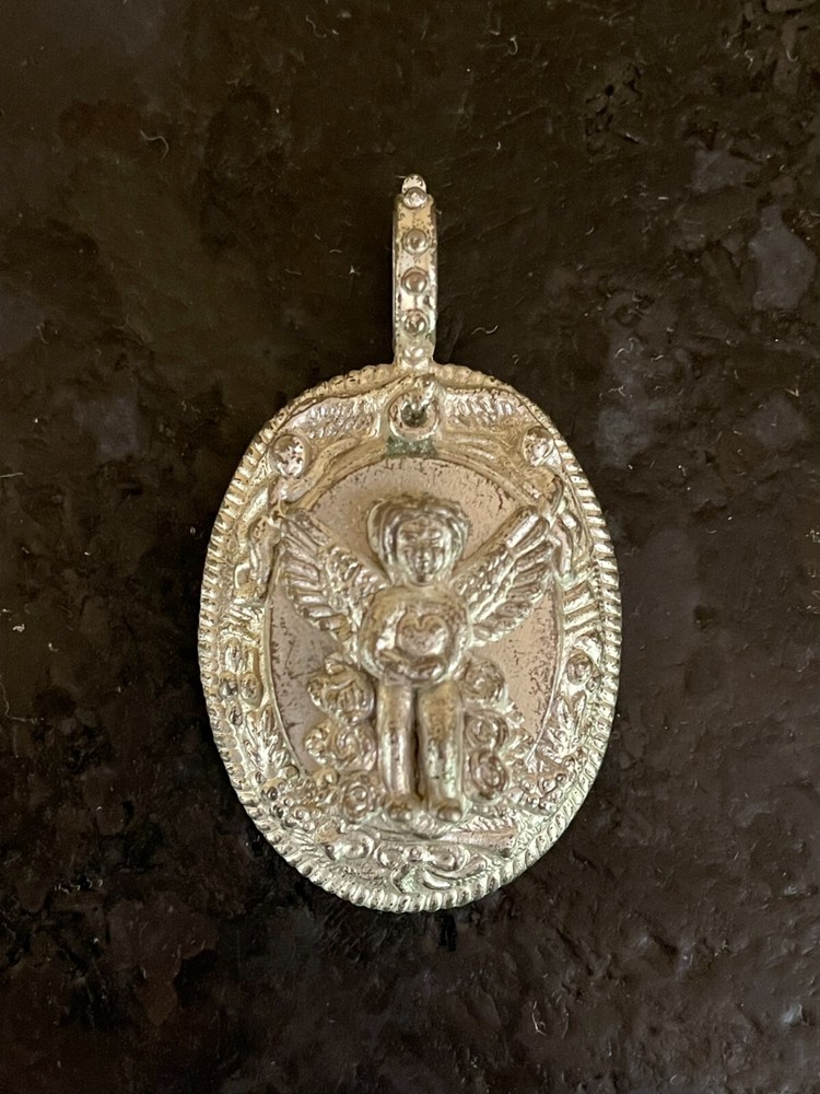 Vintage Rebecca Collins Cherub Angel Heart Silver Tone Pendant - Signed