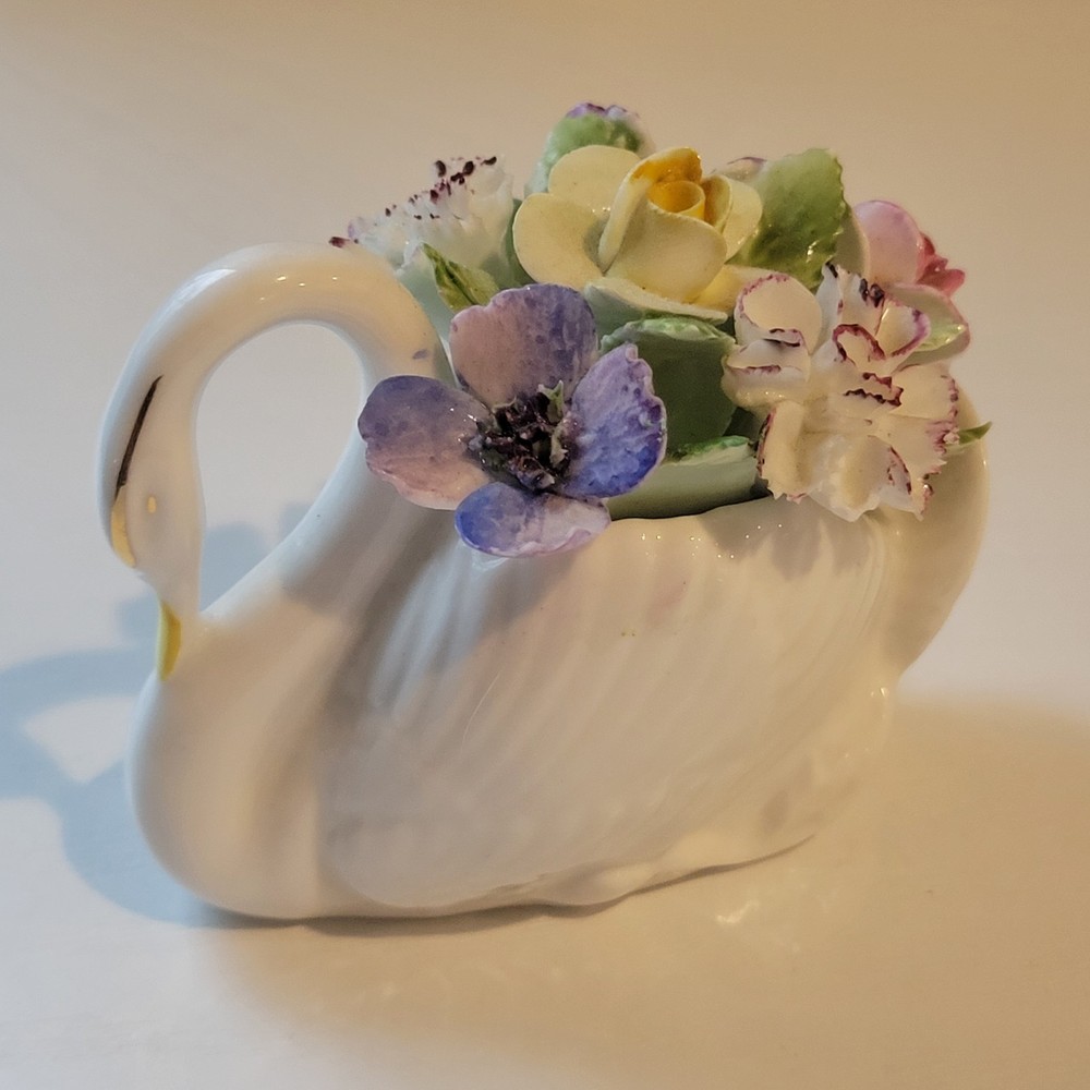 Royal Doulton Bone China Swan Figurine w/ Flowers England Vintage Porcelain