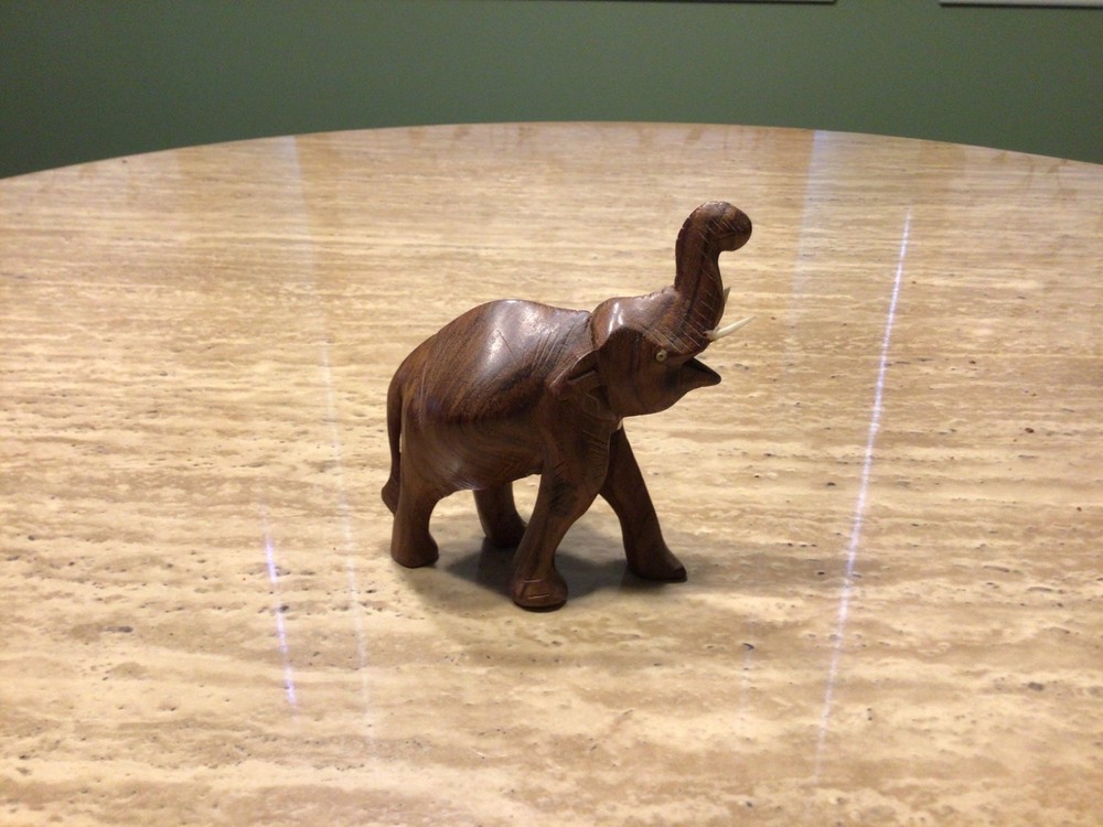 Vintage Hand Carved Wooden Elephant Figurine Statue with Tusks
