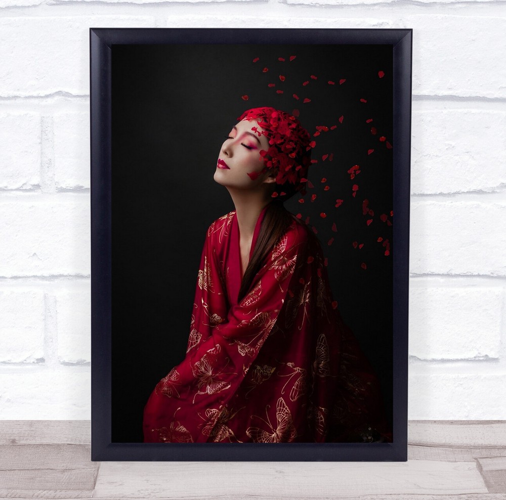 Red Butterfly woman eyes closed pose Wall Art Print
