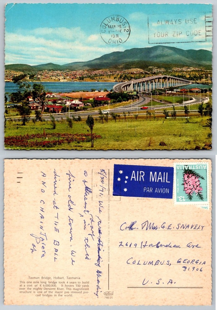 1971 Tasman Bridge Hobart Tasmania Australia Postcard Vintage Scenic View Posted