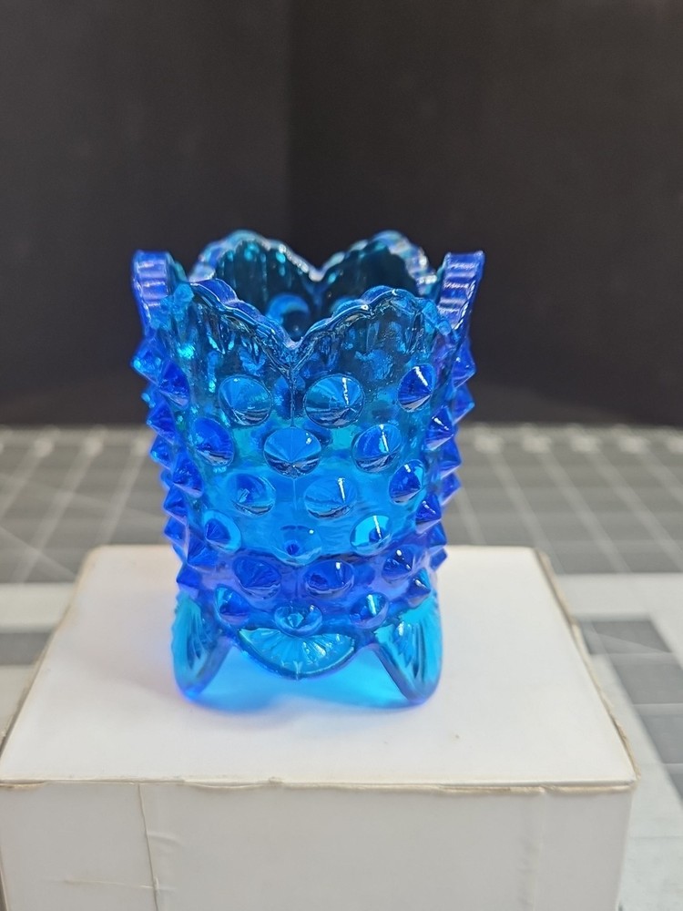Fenton Glass Blue Hobnail Colonial Toothpick Holder Vintage 3 Legged 1964 - 1979