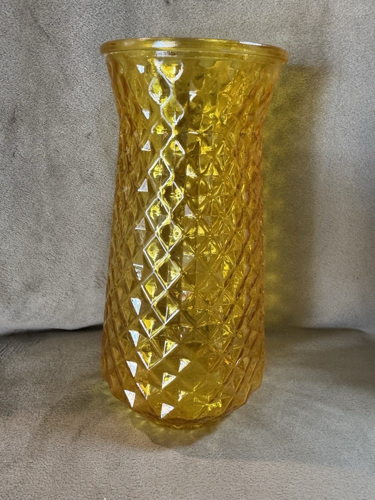 Vintage DPS Paula Amber Yellow Diamond Pineapple Pattern Texture 9” Glass Vase