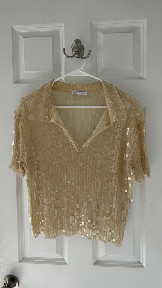 Zara Beige Sequin Knit Collared Polo Top Short Sleeve Pullover Women S