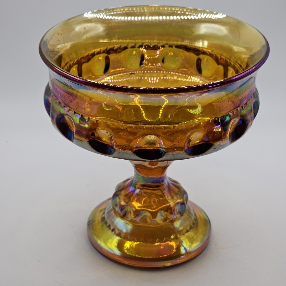 Indiana Carnival Glass Kings Crown Thumbprint Amber Compote Pedestal Candy Dish