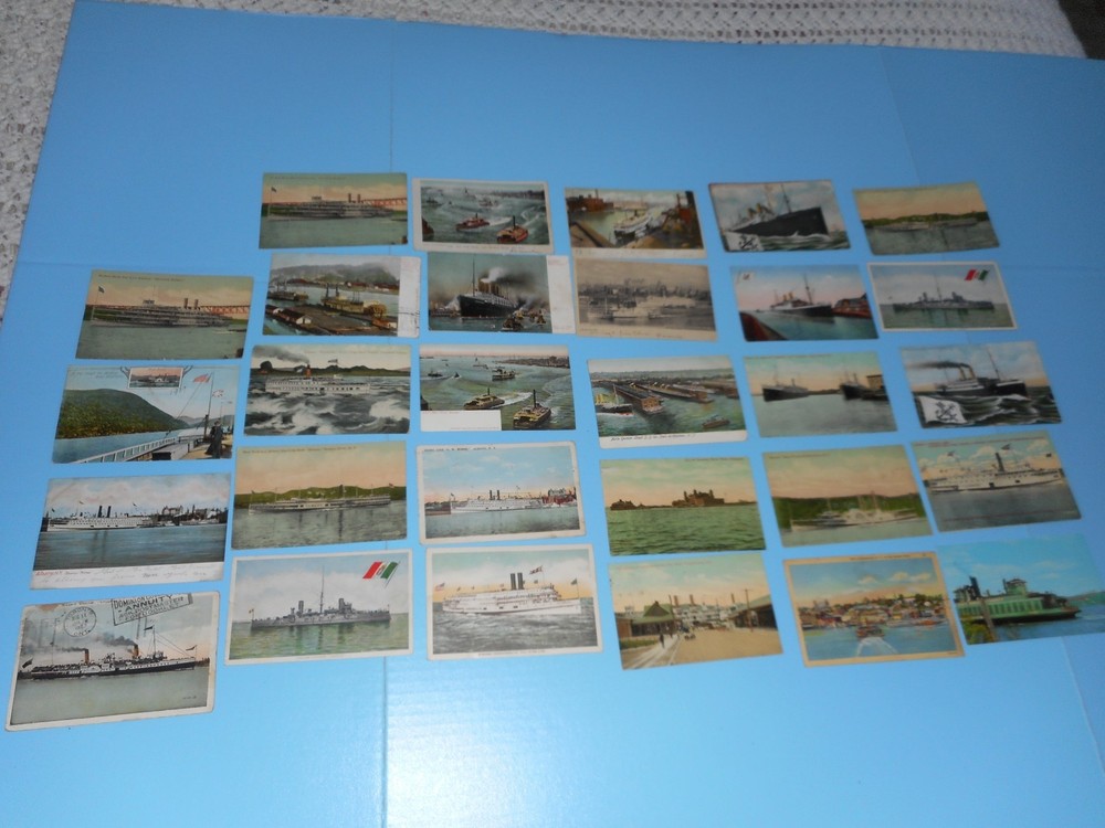 29 Vtg Steamers/Ships/Ferries/Ocean Liners/ Ellis Island/Harbor Cities Postcards