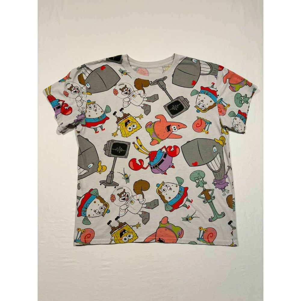 SpongeBob SquarePants All Over Print T-Shirt Grey Crewneck Graphic Tee Mens L