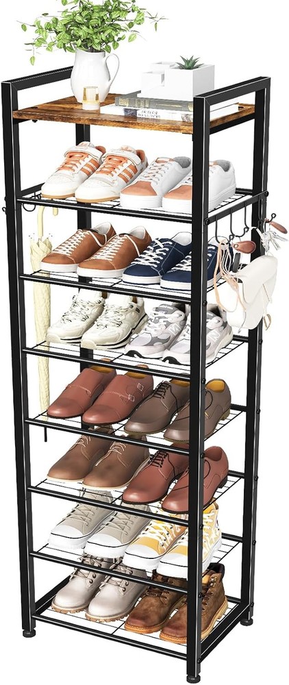 8 Tiers Shoe Rack 16 Pairs Tall Wooden Plank Shoe Shelf with Hooks for Closet