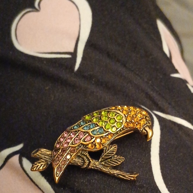 Gold Tone Multicolor Rhinestone Bird Brooch Pin, Round Stones, Metal