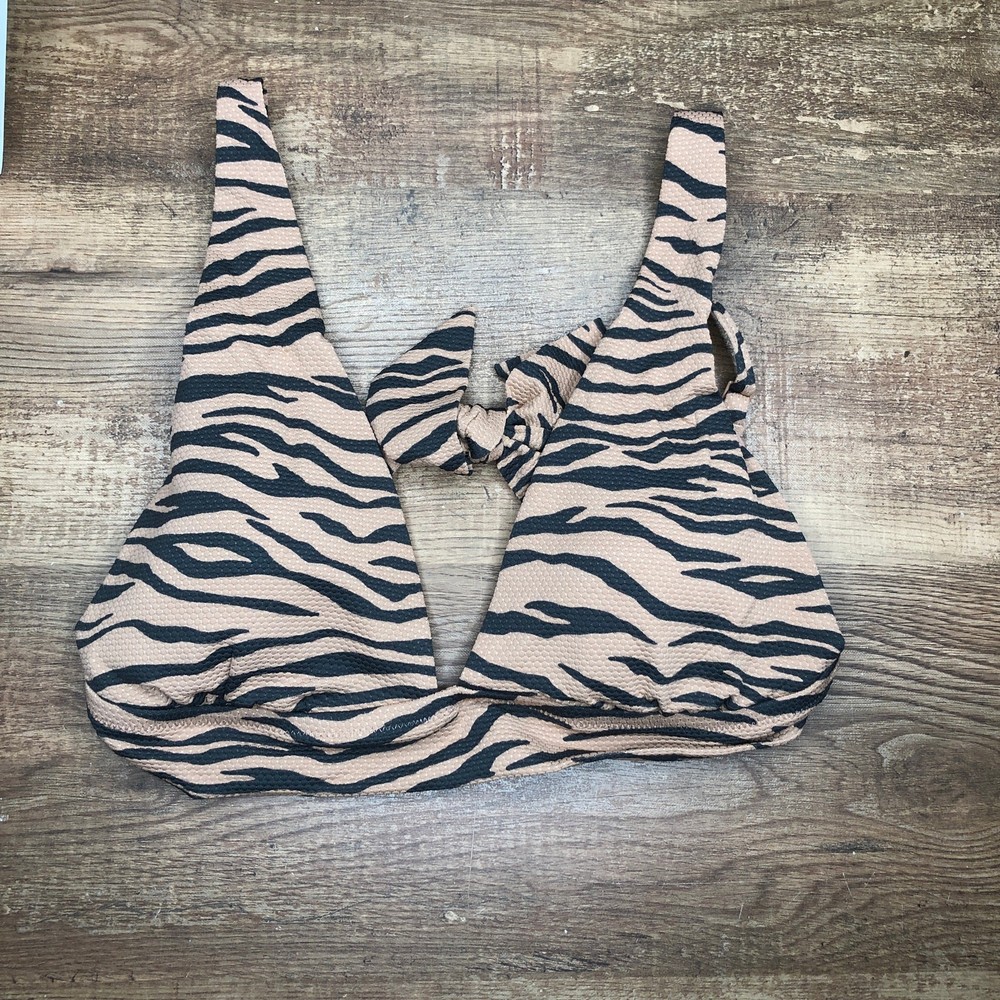 Aerie Pique Animal Print Tie Longline Triangle Bikini Top Sz Large Sienna Black