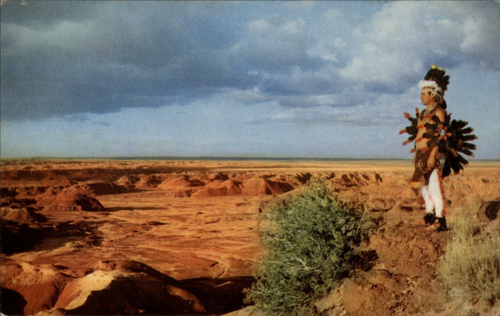 Arizona Painted Desert on Route 66 Navajo man in Tribal costume 1950s postcard