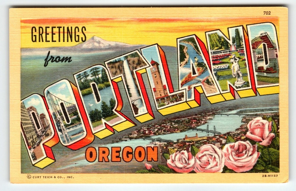 Greetings From Portland Oregon 1940's Large Letter Postcard Linen Curt Teich