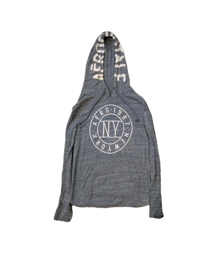 Y2K Aeropostale thin light blueish grey long sleeve shirt with hood and pockets