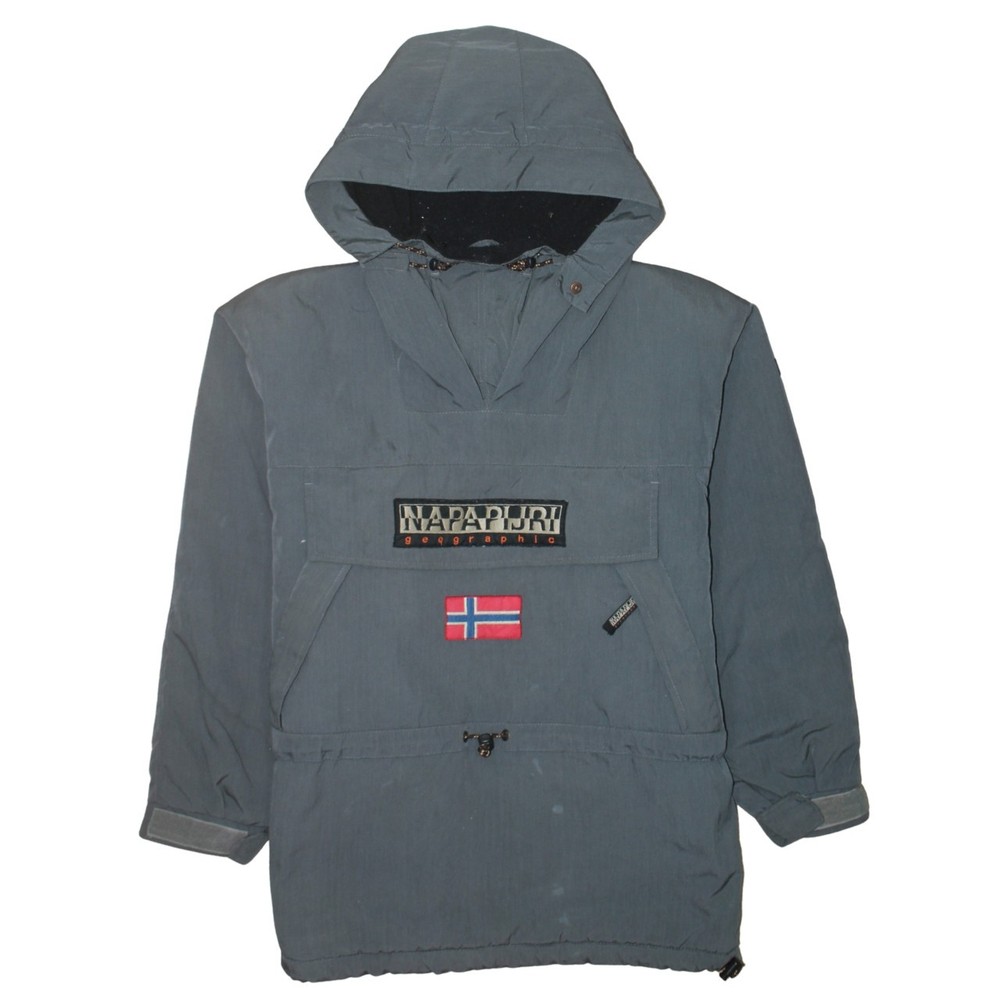 Napapijri Mens Anorak Jacket Grey Hooded 1/4 Zip Flag Logo Outdoor Windbreaker L