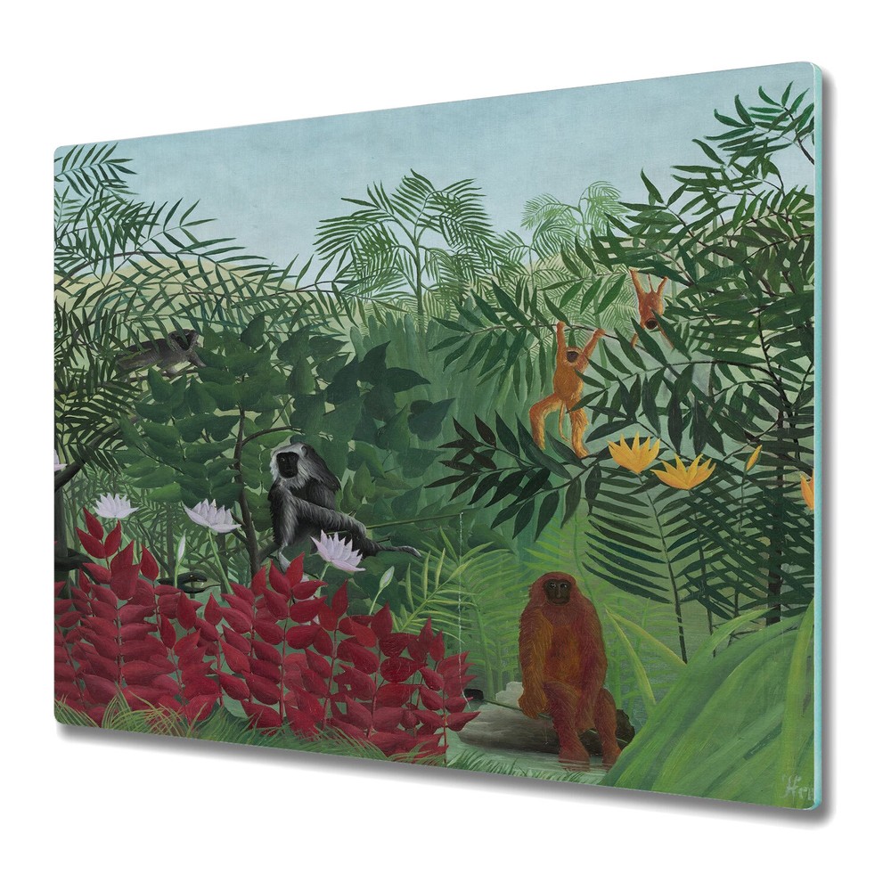Glass Worktop Saver Featuring Tropical Forest with Exotic Trees and Wildlife
