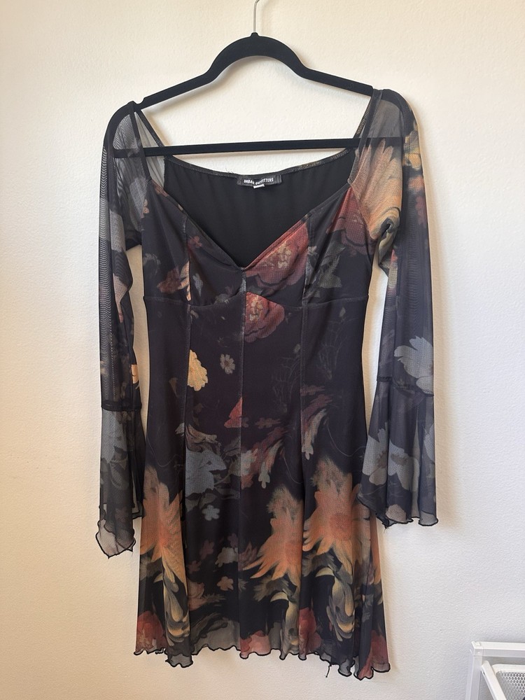 Women's Urban Outfitters Floral Mesh Dress Bell Sleeve Whimsigoth Black Size L