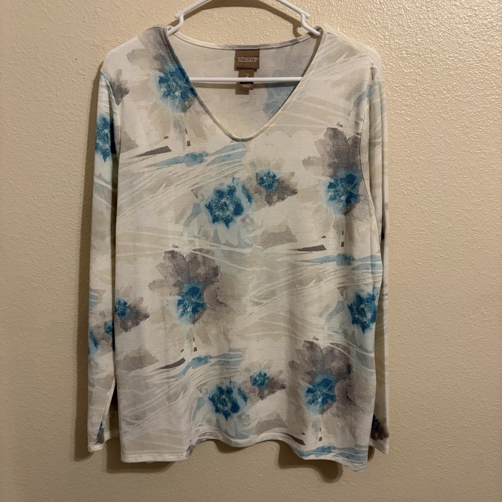 Chico's Shirt Womens L White Floral Flower Knit V Neck 3/4 Sleeve Casual