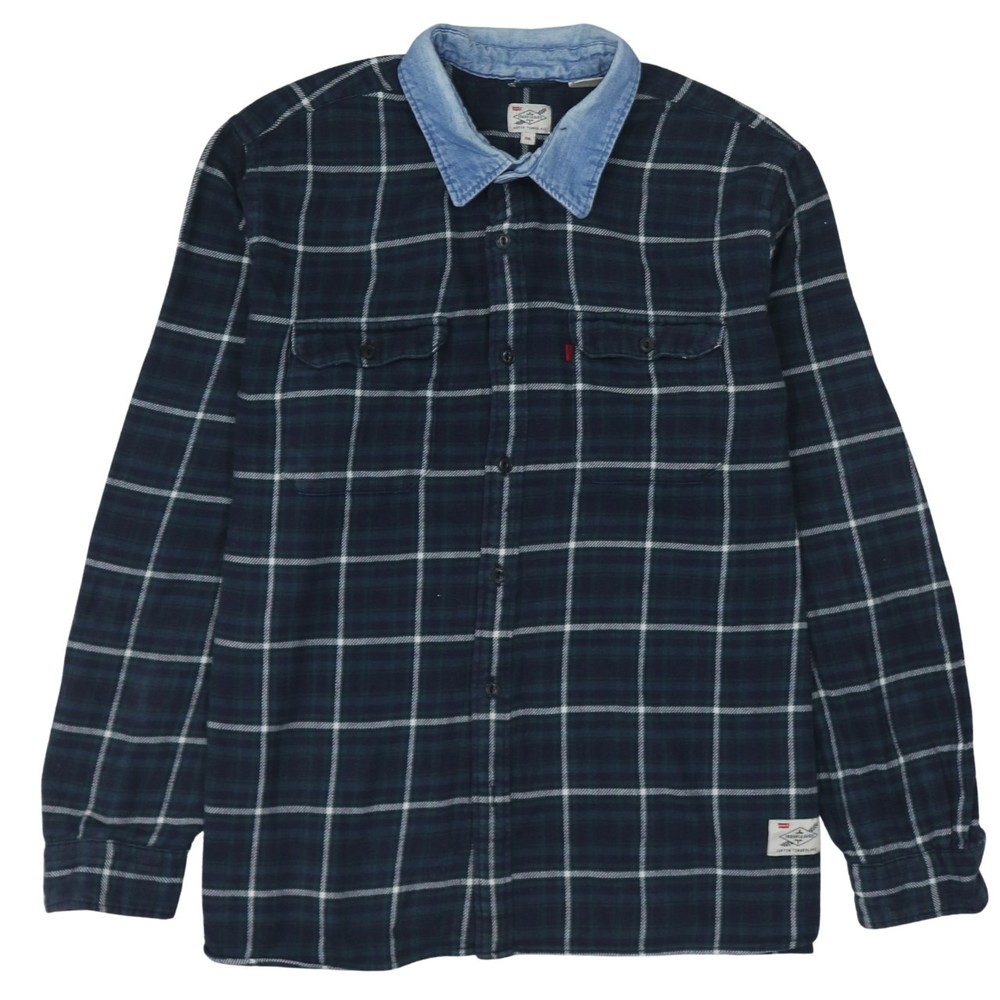 Levis Womens Flannel Shirt Navy Check Denim Collar Button Front Pockets XXL