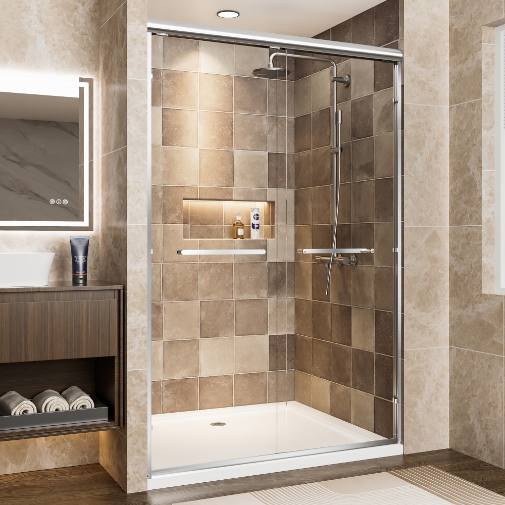 Frame Double Sliding Shower Door W 6mm Tempered Glass Explosion Proof Film