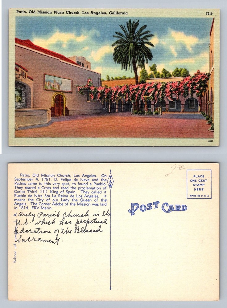 Los Angeles, CA-California, Old Mission Plaza Church Patio Vintage Postcard
