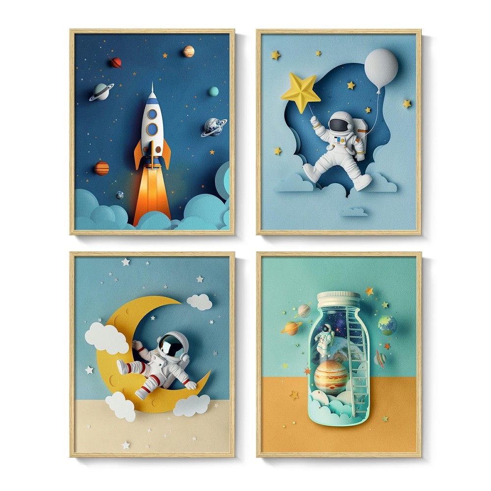 Framed Space Astronaut Cool Wall Art for Nursery Decor, 4 Piece Modern Space ...