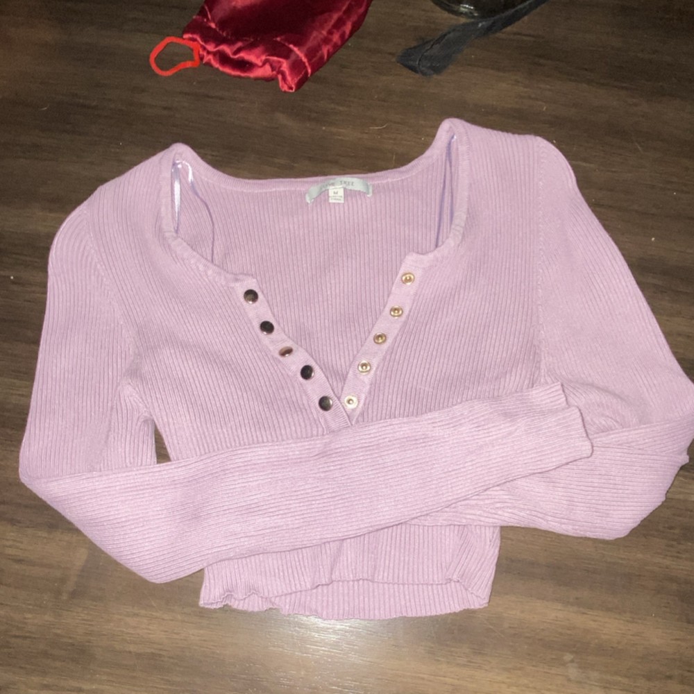 Tree Light Purple Ribbed Knit Button-Up Cropped Long Sleeve V-Neck Top Size M