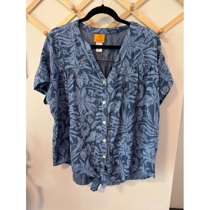 Ruby Rd. Button Front Blouse L Blue Floral Tie Front Tencel Short Sleeve