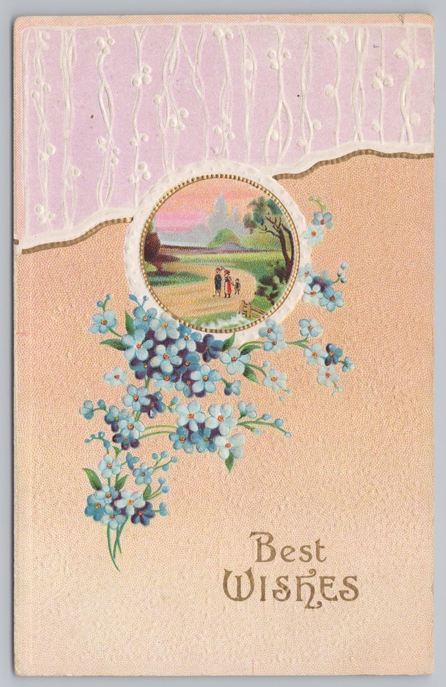 Greetings~Best Wishes~Family Walks Country Road~Forget Me Not~Vintage Postcard