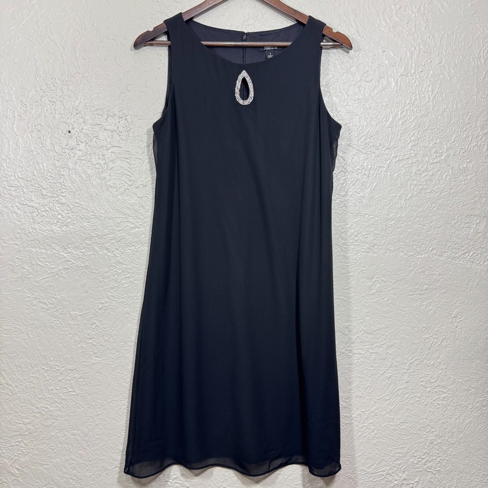 SLNY Shift Dress 6 Chiffon Sheer Rhinestone A-Line Swing Party Formal Cocktail
