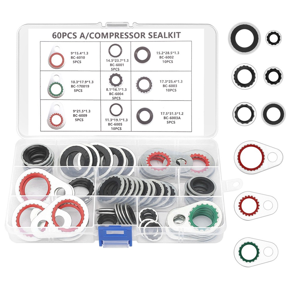 9 Sizes A/C O Ring 60pcs AC Air Conditioning Compressor Gasket Seals Washers Kit