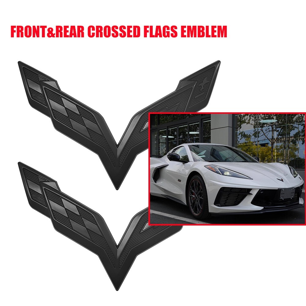 2 Pack For Corvette C7 2014-2019 Black Front & Rear Cross Flags Emblem Badge